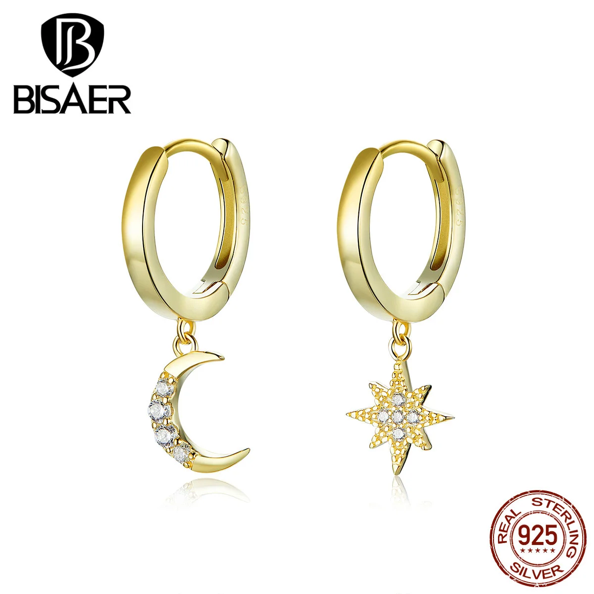 Серьги с Луной и звездой BISAER 925 пробы серебряные светящиеся кубический циркон