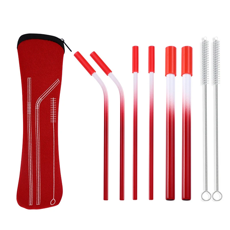 

8 Pcs Set 304 Stainless Steel Drinking Metal Straw Set Rainbow Multi-Colored Reusable Tumblers Suit with Anti-Scratch Silicone H
