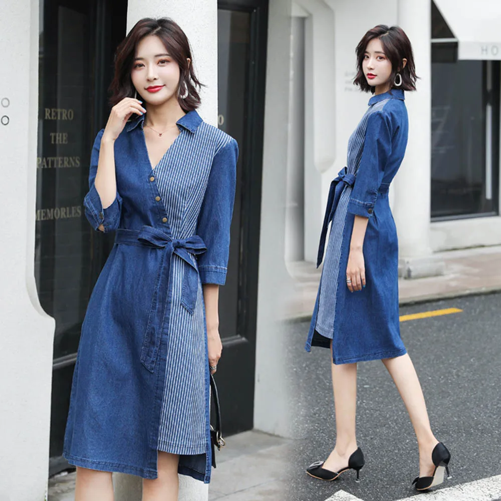 

Autumn Large Size V-neck Half Sleeve Denim Dress Lace-up Bowknot Slim A-Line Denim Dresses Women Striped Stitching Shirts Dress
