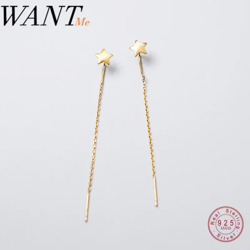 Женские длинные серьги подвески WANTME из серебра 925 пробы с золотистыми звездами и цепочкой ювелирные