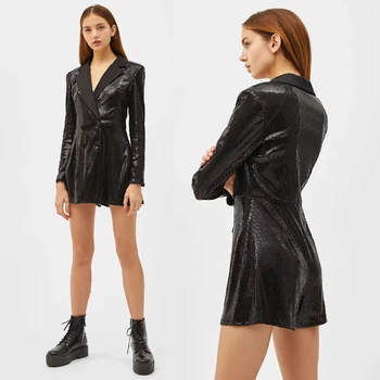 

Long Sleeve Collar Coat Women Clothing Sequined Shining Bling blazers Female 2019 Lady Jacket Suit Coat Slim Top Outerwear