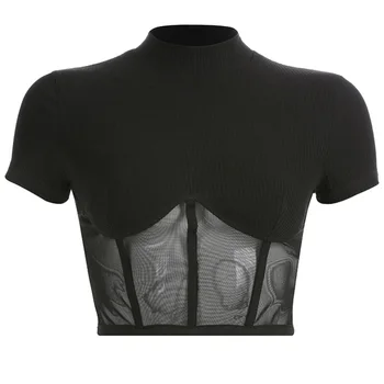 

Patchwork Mesh Ladies T Shirt Casual Short Sleeve T Shirt Sexy Crop Tops Tees