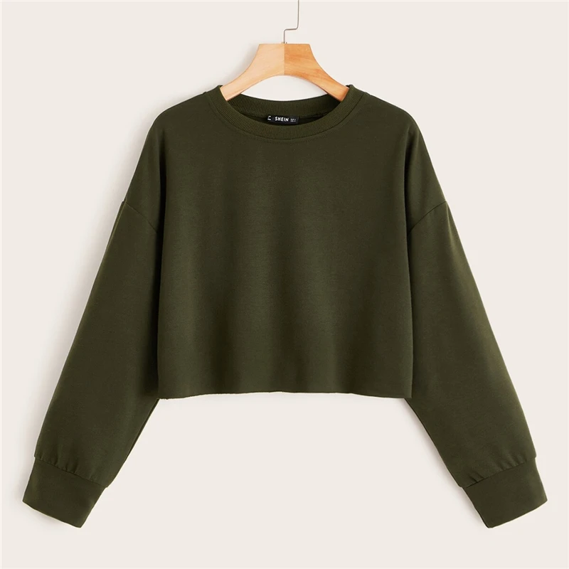 SHEIN Drop Shoulder Raw Hem Crop Sweatshirt Solid Pullover Women Summer Autumn Long Sleeve Round Neck Basic Casual Sweatshirts
