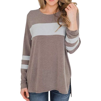 

2020 Ladies Long Sleeve Shirt Pullover Crew Neck Female Block Sweatshirt Side Split Loose Tops Tunic Tops Women Spring Blouses