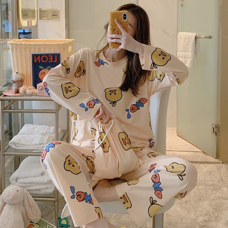 

Pajamas Women's Spring And Autumn Long Sleeve Cute Small Yellow Duck Two-Piece Set Korean-style Students Loose And Plus-sized Th