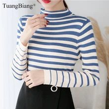*#Best Price Ladies Blue White Striped Turtleneck Sweater Winter Women knitting Full Sleeve Pullovers Autumn Slim Tops elastic jumpers 2019 *#Best Price Ladies Blue White Striped Turtleneck Sweater Winter Women knitting Full Sleeve Pullovers Autumn Slim Tops elastic jumpers 2019