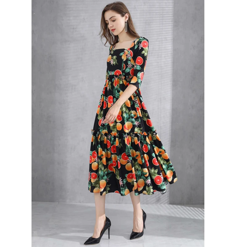 SEQINYY Sicily Style Dress Grapefruit Flowers Print Ruffles 2020 Summer Spring New Fashion Design Women Half Sleeve A-line Midi