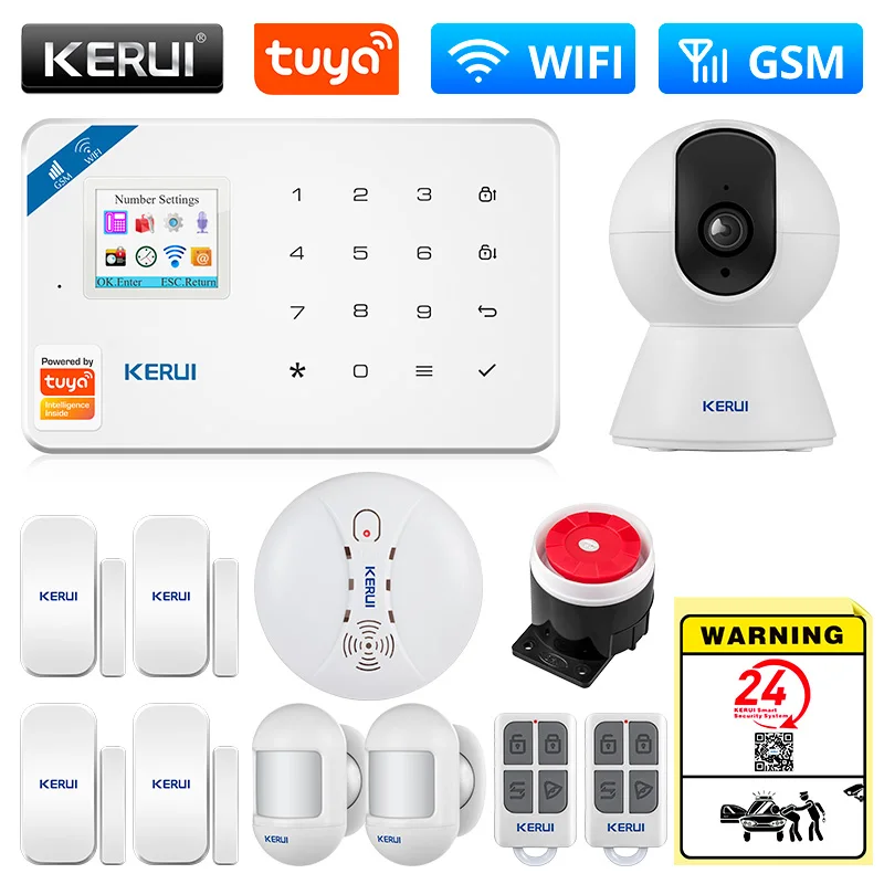 auto burglar alarm KERUI Tuya Smart WIFI GSM Security Alarm System Works With Alexa Home Burglar Motion Detector Smoke Door Window Sensor IP Camera car alarms for sale Alarm Systems & Security