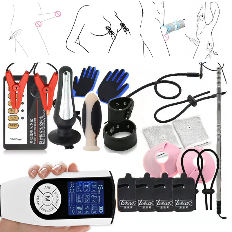 BDSM Electric Shock Anal Plug Penis Plug Electro Stimulator Silicone Gloves Massage Nipple Clamps Cock Rings SM Sex Toys For Men Electro Sex Toys Electric Sex Toys