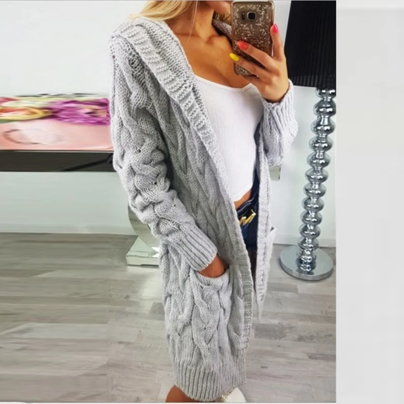 

Winter Sweater Long Sleeves Cardigan Knitted Sweater Long Casual Hooded Pink Sweater Pockets Solid Open Stitch Thick Sweaters