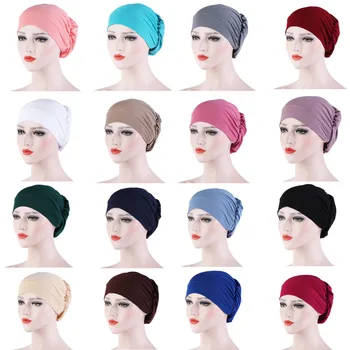 

2020 New Crystal Hemp Muslim Head Cap Turban Hat Women Elastic Hijab Islamic Stretch Head Wrap Solid Color Head Scarf 16Color