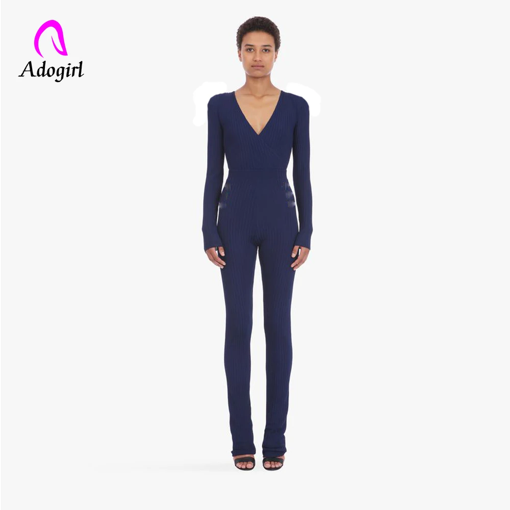 Navy Blue Ribbed Fitness Active Wear Rompers Womens Jumpsuit Zipper V Neck Sexy Fashion Long Sleeve Workout Sporty Jumpsuit