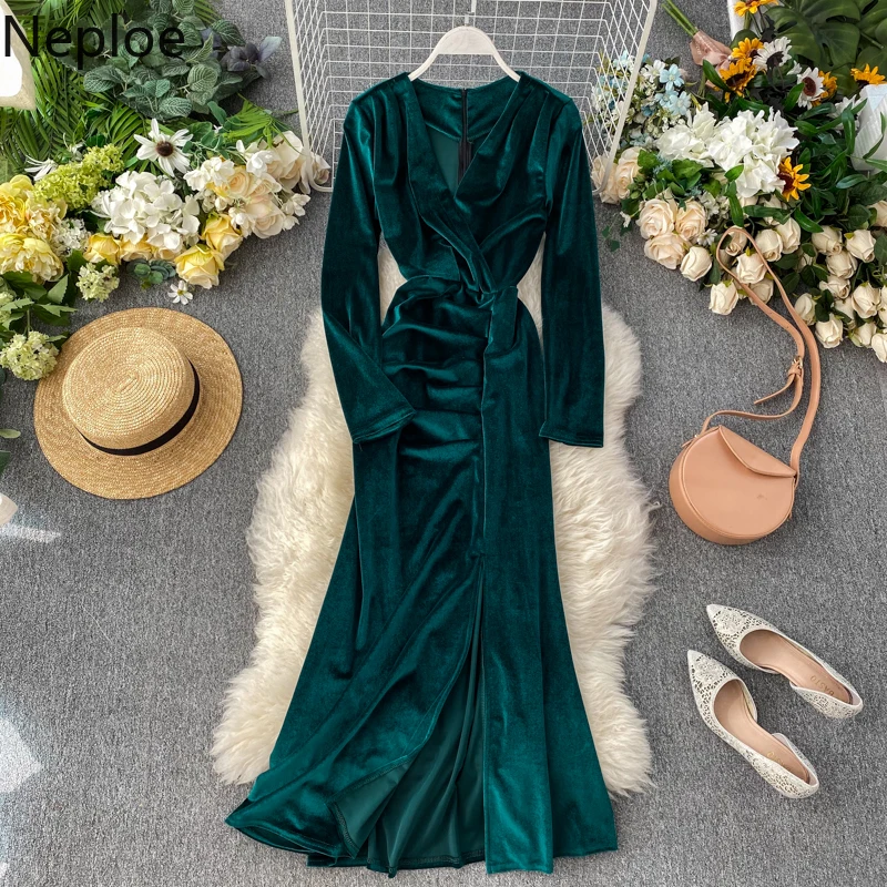 Neploe, v-образный вырез, сексуальное, тонкая талия, длинное, Vestido, темпераментные, вечерние, вельветовое, ТРАПЕЦИЕВИДНОЕ ПЛАТЬЕ С Высокой Талией, одноцветное, с длинным рукавом, весна, Ropa 47886