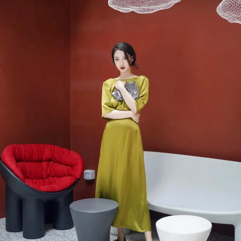 

New Women Silk Dress Solid Color Long Style Dress Spring Summer Female Clothing