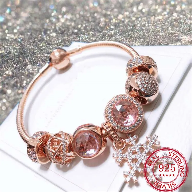925 Sterling Silver Bracelet Rose Gold 18k Pink Cat Eye Snowflake Hanging Fixed Button Pendant Snake Bone Chain Set Female | Украшения и