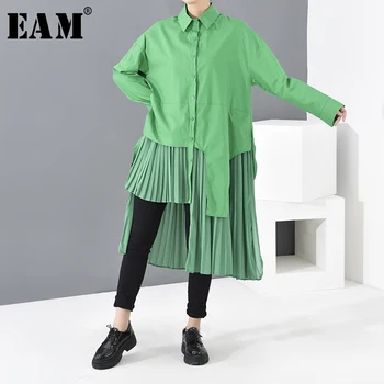 

[EAM] Women Green Asymmetrical Pleated Shirt Dress New Lapel Long Sleeve Loose Fit Fashion Tide Spring Autumn 2020 1R08906