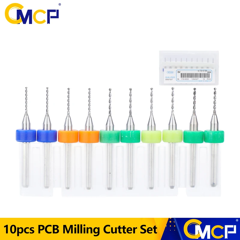 

CMCP 10pcs PCB Milling Cutter Set 0.75/0.8/0.85/0.9/0.95mm Carbide PCB Drill Bits Print Circuit Board Mini CNC Drilling Bit Set