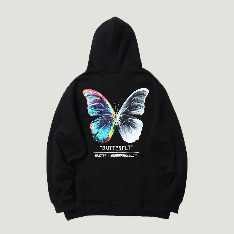 Hip Hop Hoodie Sweatshirt Mens Color Butterfly Printed Cotton Fleece Pullover Harajuku