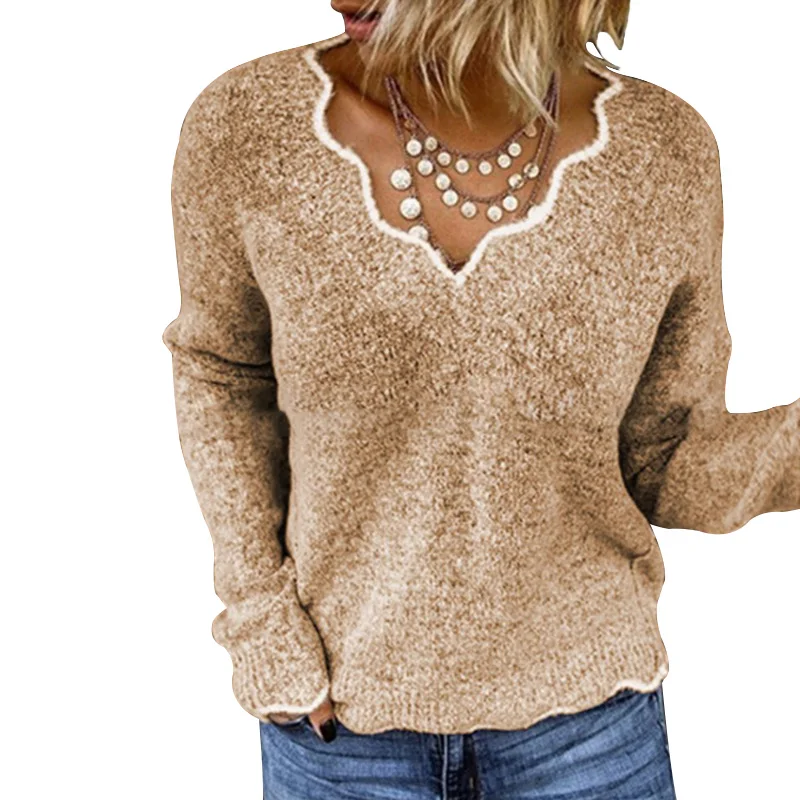 Женский вязаный свитер с v-образным вырезом пуловер длинными рукавами теплый