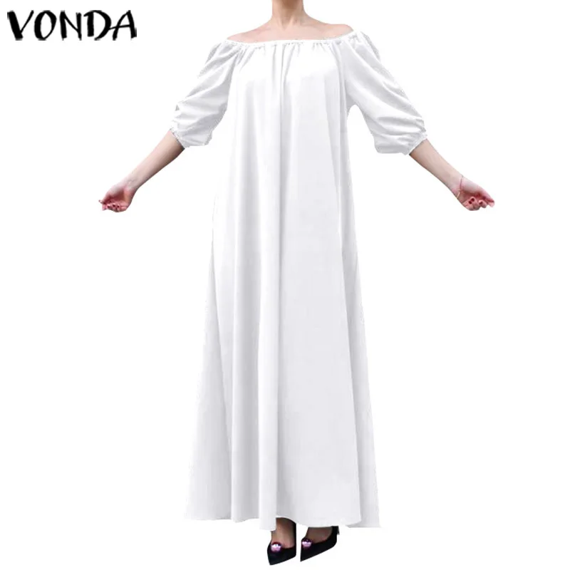 VONDA, женские длинные платья, повседневные, одноцветные, вечерние платья размера плюс, летние, праздничные, пляжные, Vestidos, сексуальные, с открытыми плечами, сарафан - Цвет: Белый