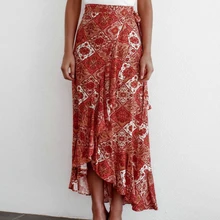 

Women's Beach Party Ruffle Trim Split Long Skirts 2021 Retro Boho Floral Print Tie Waist Wrap Maxi Skirt Female Sexy Streetwear