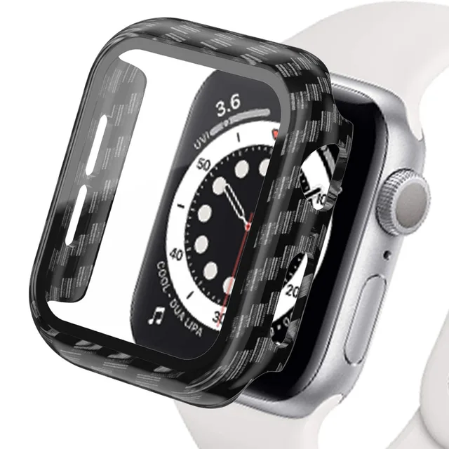 Glass+Case For Apple Watch Serie 7 6 5 4 3 2 1 SE 45mm 41mm iWatch Case 44mm 40mm 38mm 42mm Bumper Screen Protector+Cover Watch Carbon fiber black