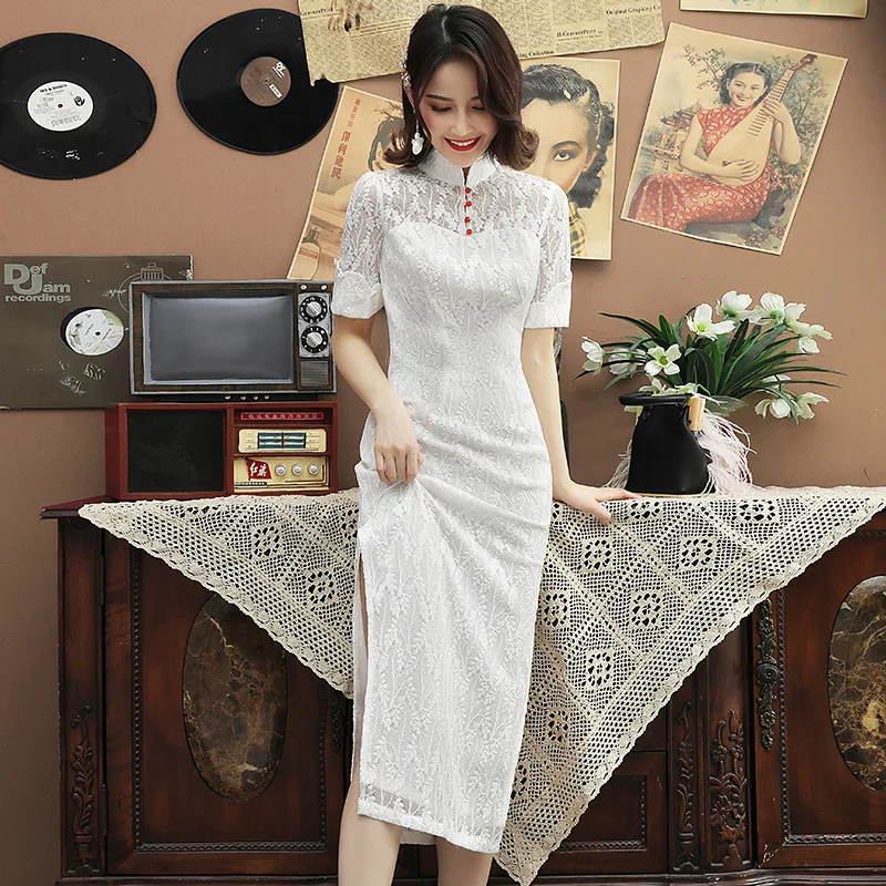 

New White Dress Women Female Self-cultivation Chinese Stand Collar Dresses Elegent Long Paragraph Noble Ladies Cheongsam Dress