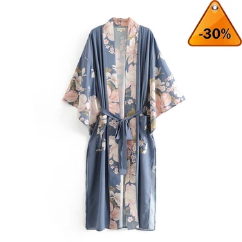 

V neck Bohemian Peacock Flower Print Long Kimono Shirt Ethnic New Lacing up Sashes Long Cardigan Loose Blouse Tops femme