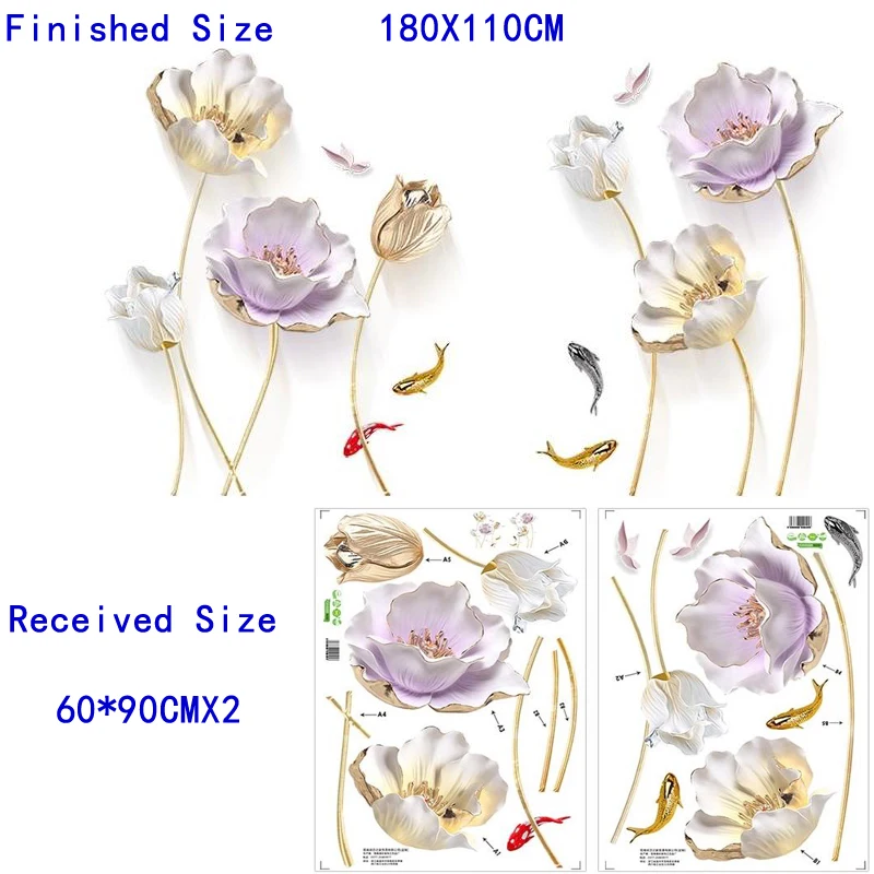 180*110 см наклейка на стену тюльпан 3D бабочка Цветочные наклейки Съемная гостиная спальня декор для ванной, дома плакаты для украшения