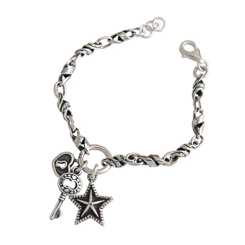 F.I.N.S корейский Ретро Старый 925 стерлингового серебра браслеты для женская с замком ключ звезда кулон браслет Античный Серебряный Шарм Браслет