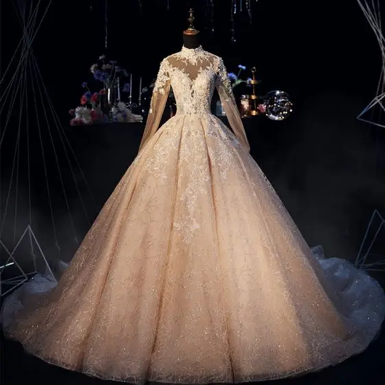 Robe De Mariee роскошное блестящее свадебное платье цвета шампань с высоким воротом принцесса кружева длинный рукав свадебное платье с открытой
