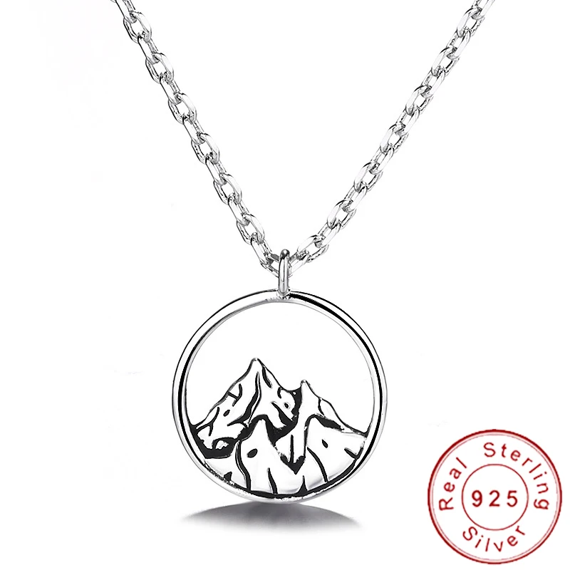 

Dainty 925 Sterling Silver Mountain Range Necklace Ocean Wave Neckless Vintage Round Circle Pendant Minimalist Jewelry SN004
