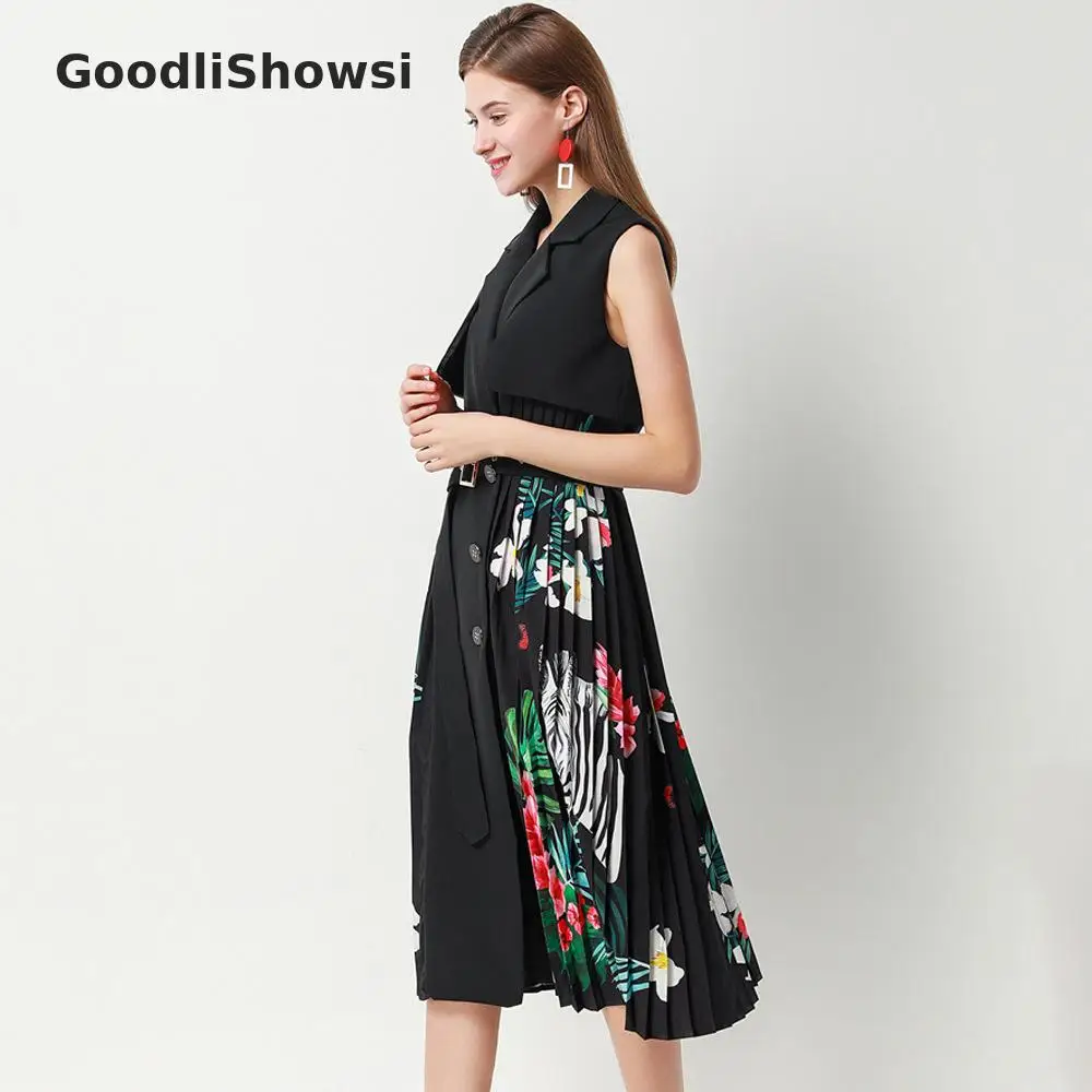 GoodliShowsi, модное, шикарное женское платье-Блейзер, с принтом, пэчворк, с отворотом, без рукавов, с поясом, плиссе в гармошку, платье