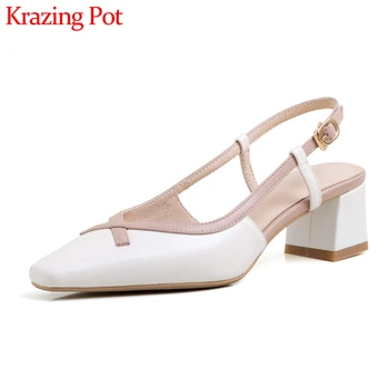 

Krazing pot 2020 summer mixed color women sandals genuine leather square toe med heels gentlewomen mature dating shoes women L08