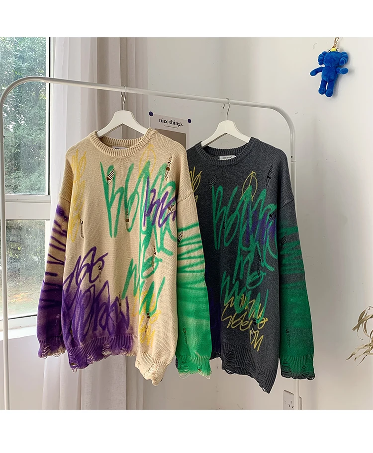New Winter Sweater Men's Fashion Printed Casual Knit Sweater Man Streetwear Wild Hip Hop Loose Long Sleeve Pullover Men M-2XL