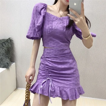 

Summer 2020 New Women's Fashion 2 Piece Set Puff Sleeve Top + High Waist Pack Hip Fishtail Skirt Women's Two Piece Set TZ05