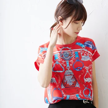 

New Pink stirrup printed silk top short sleeve round neck loose short sleeve T shirt