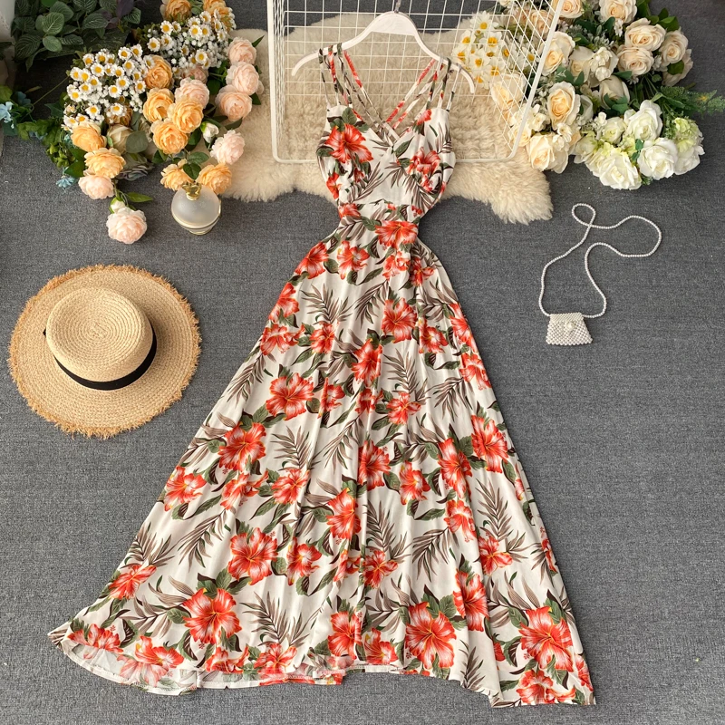 Neploe Sexy Open Back Bohemian Holiday Long Dress High Waist Hip Cross Design Print A Line Vestido V Neck Sleeveless Camis Ropa
