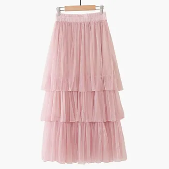 

3 Layered Mesh Tulle Skirt Women Elegant Sweet Adult Elastic High Waist Pleated Tutu Skirts A-line Mesh Mid Calf Skirt Female
