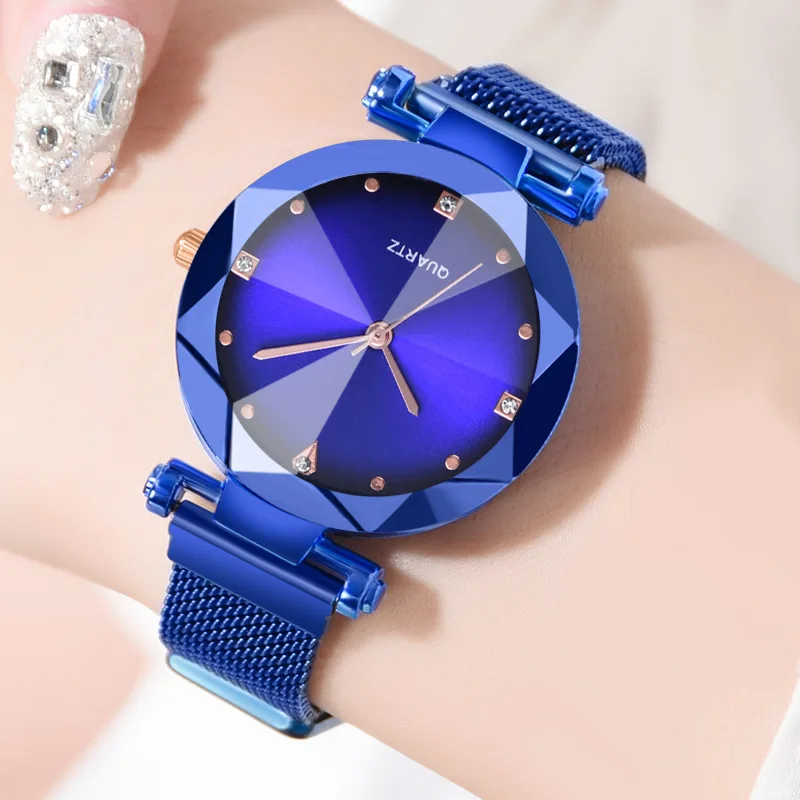 Новая мода для женщин сетки Магнит пряжка звездное небо часы повседневное роскошные дамы Геометрическая поверхность кварцевые часы Relogio Feminino