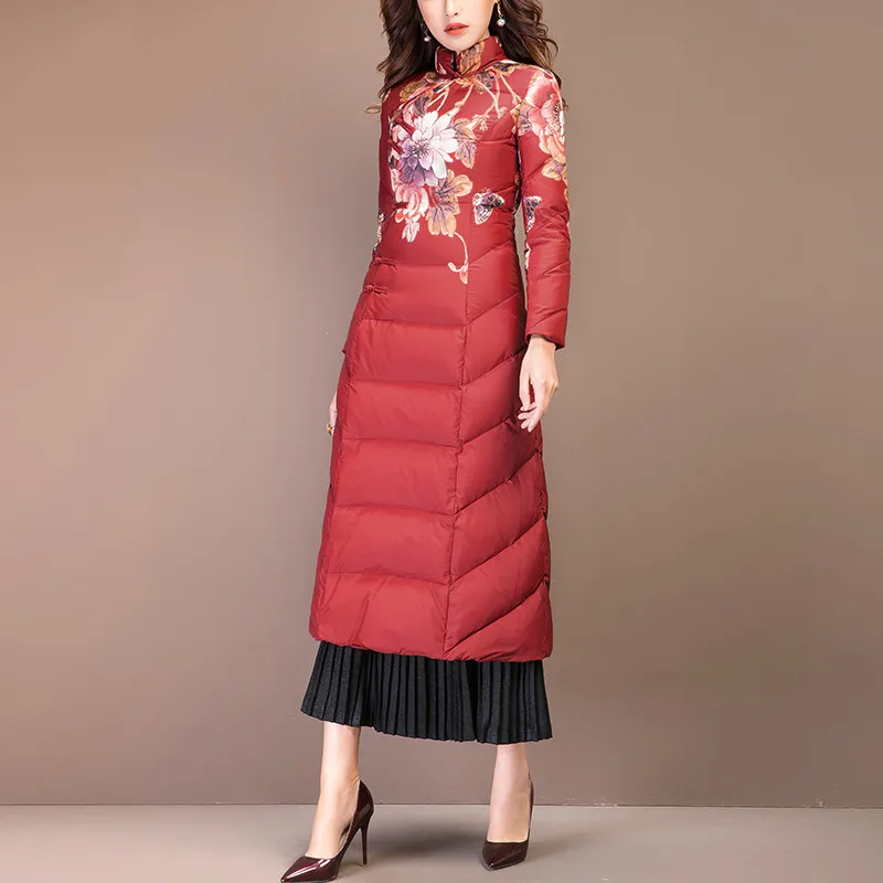 

Winter Women's Down Jacket Long White Duck Down Coat Vintage Print Puffer Jacket Doudoune Femme Hiver F133 KJ3887