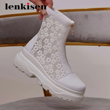 

Lenkisen embroidery flowers decorations sweet girls thick bottom round toe high heel zipper air mesh sunscreen ankle boots L15
