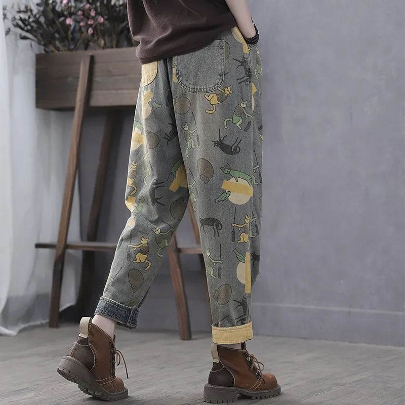 Autumn Jeans Women Elastic Waist Loose Retro Print Denim Pants New Ladies Casual Pocket Spliced All-match Trousers