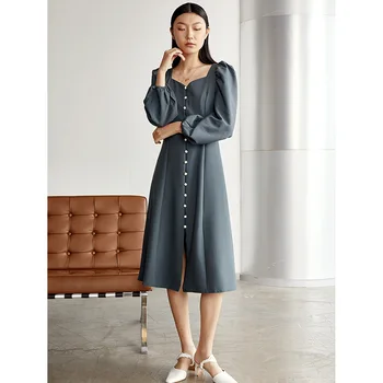 

Women Dress Autumn Winter 2020 New Square Collar Puff Long Sleeved Single Breasted Solid Color Elegant Slim A-Line Dresses Midi
