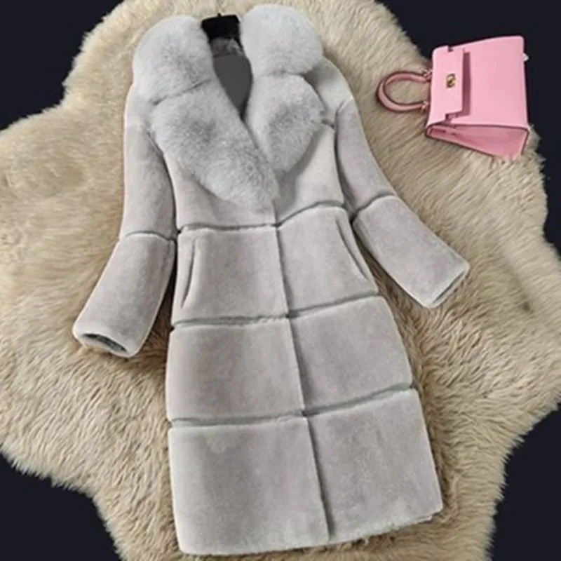 Winter Women High Quality Faux Rabbit Fur Coat Luxury Long Fur Coat Loose Lapel OverCoat Thick Warm Plus Size Female Plush Coats - Цвет: Серый