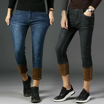 

Mens Winter Denim Pants Jeans Fleece Lined Warm Straight Leg Trousers Thicken Long Pants Plus Size FS99