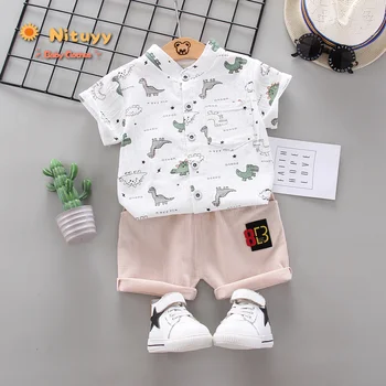 

2020 Summer Toddler Baby Boys Clothes 2-Piece Outfit Loose Mock Collar Short Sleeve Button-Down Dinosaur Top Shorts Elastic