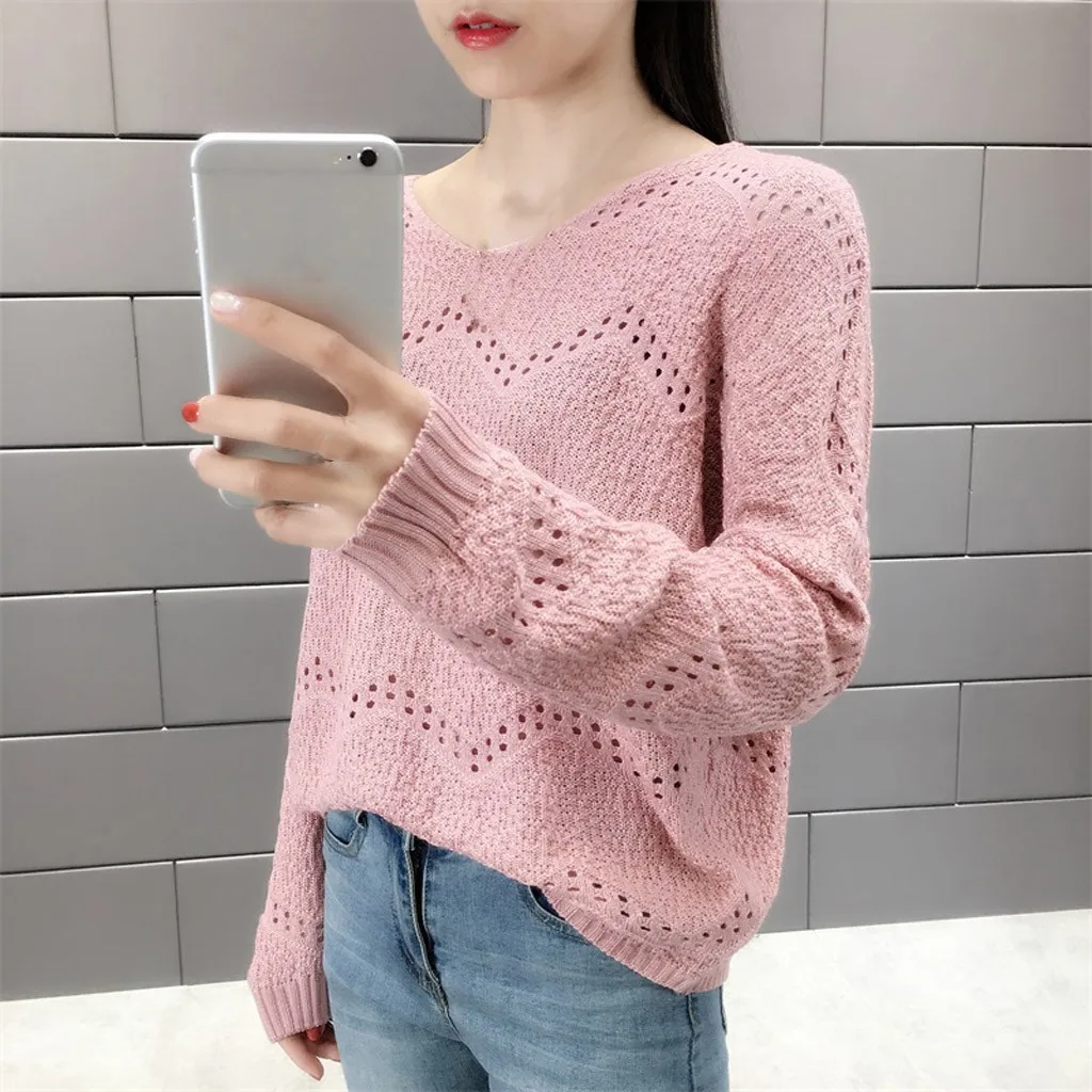 Jaycosin Fashion Women Casual Simple Long Sleeve Knitting V-Neck Sweater Stylish Comfortable Bottoming Hollowed Out Sweater