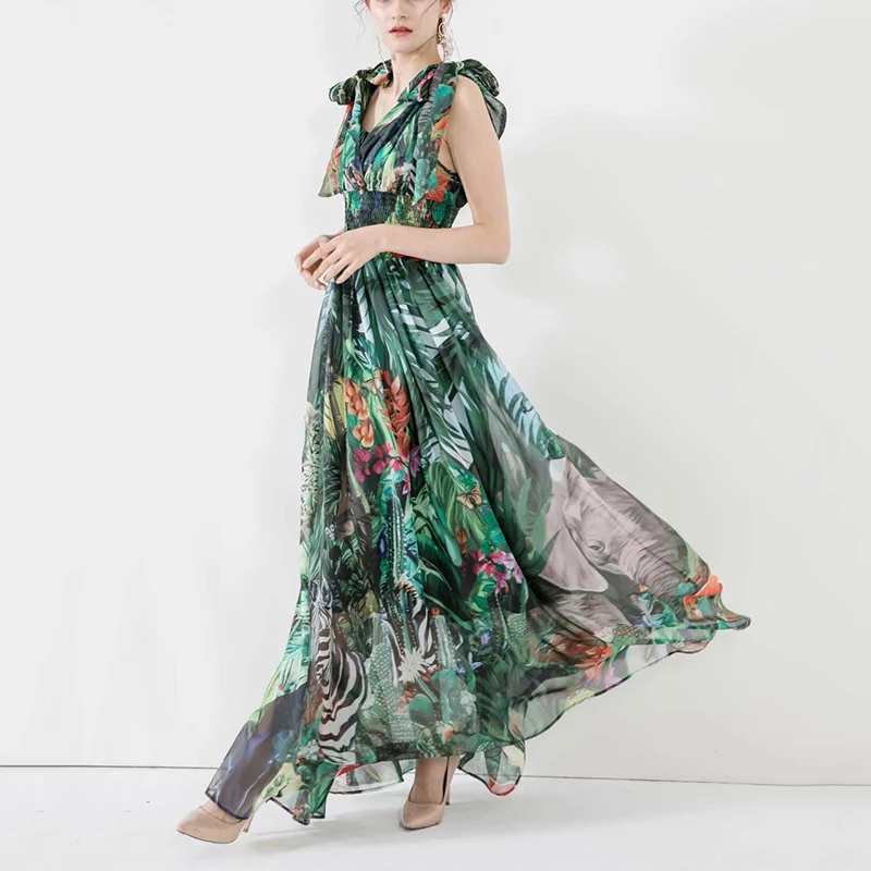 

Summer Long Resort Dresses Women's Colorful Animal Printed Spaghetti Strap Festa Vestidos To The Floor Party Gown