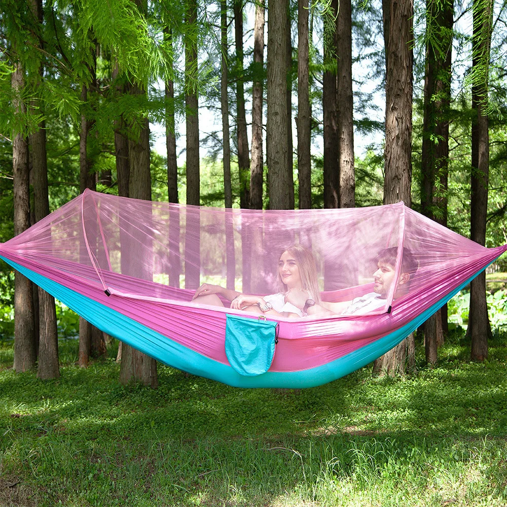 Double Camping Hammock with Mosquito Net Portable Hammock with Tree Straps Lightweight Parachute Travel Bed Quick Open Easy Set